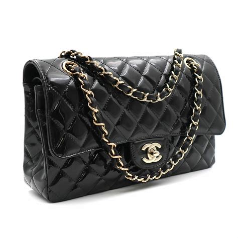 chanel black patent leather small classic flap bag|chanel patent leather mini bag.